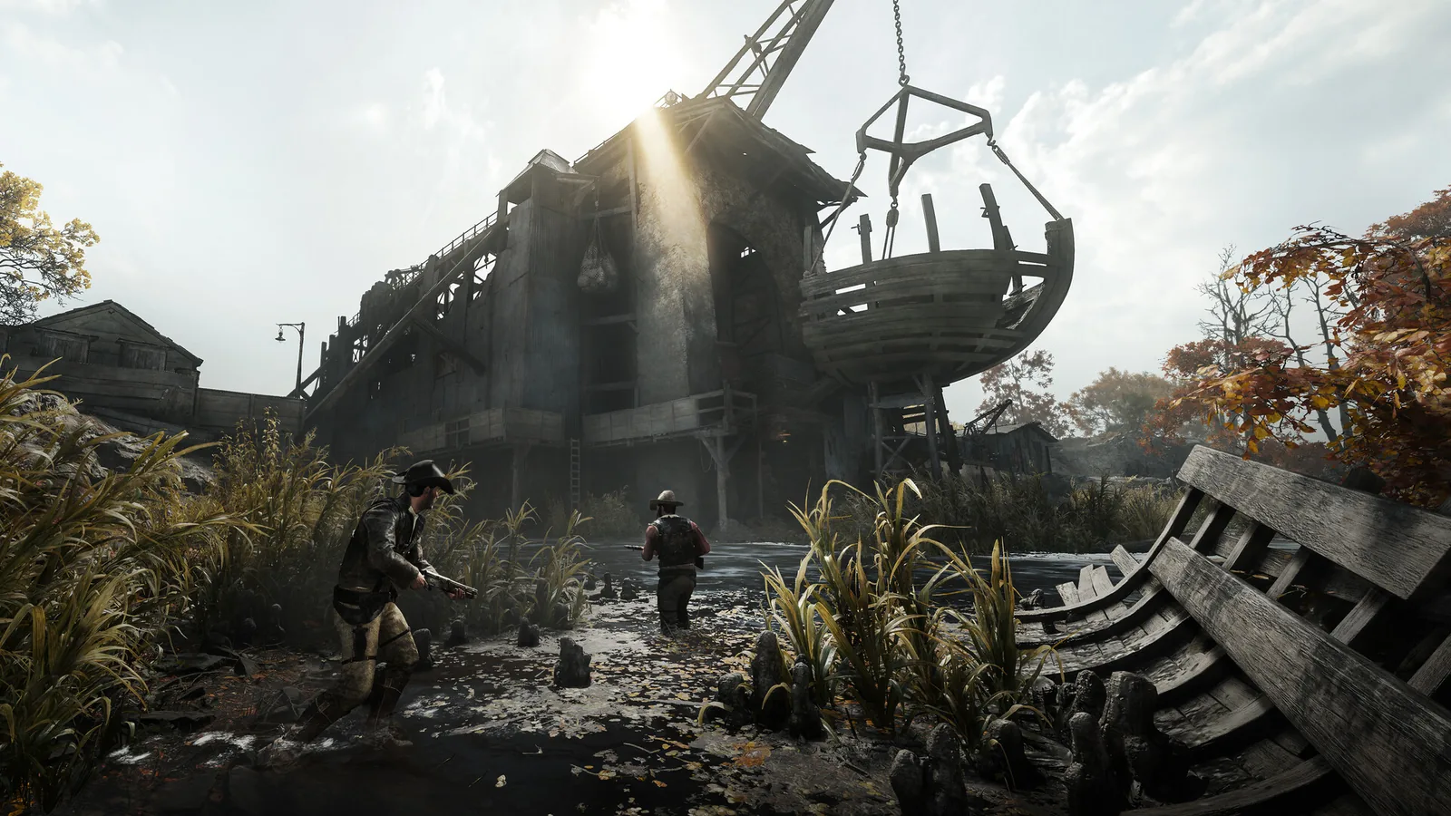 Hunt Showdown bayou compound at dusk during a bounty hunt